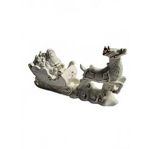 Porcelain Santa Sleigh and Reindeer Figurine with Gold Accent